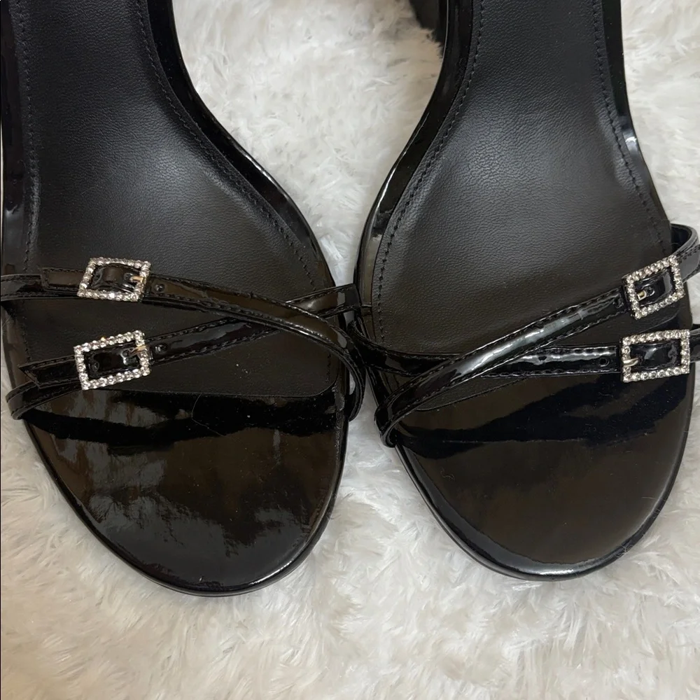 NEW Without Box Aqua Black Strappy Block Heels With Rhinestone Detailing 9.5B